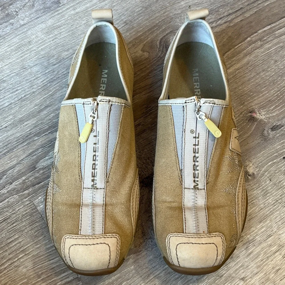 Merrell Barrado Sport Beige Tan Canvas Leather Zip Sneakers Womens 8.5 J73928